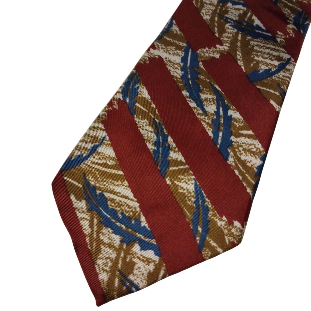 Bill Robin Son Mens Vintage Abstract Leaf Stripe Silk Tie Burgundy Gold